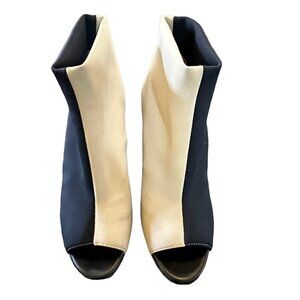 Vera Pelle Made In‎ Italia Ankle Booties Black Cream Open Toe Festival Size 6.5